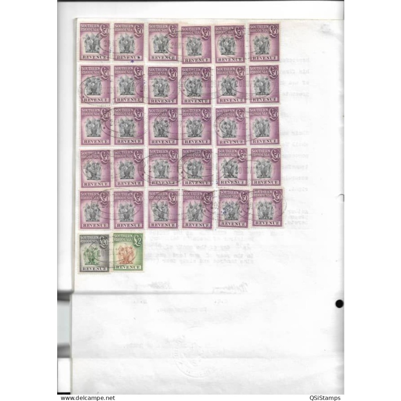 £50 Southern Rhodesia high value Revenue stamps on document.