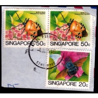 SINGAPORE 1985 50c x2 +20c Insect/Shield Bug+Carpenter Bee Sc#459 USED ON PIECE @BM224