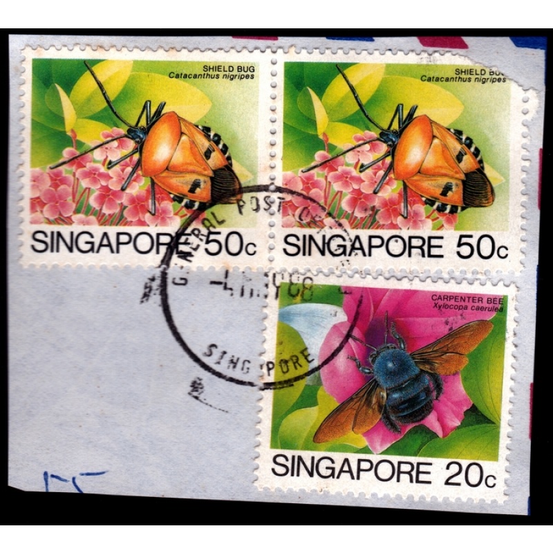 SINGAPORE 1985 50c x2 +20c Insect/Shield Bug+Carpenter Bee Sc#459 USED ON PIECE @BM224