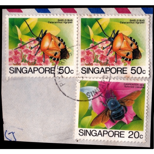 SINGAPORE 1985 50c x2 +20c Insect/Shield Bug+Carpenter Bee Sc#459 USED ON PIECE @BM225
