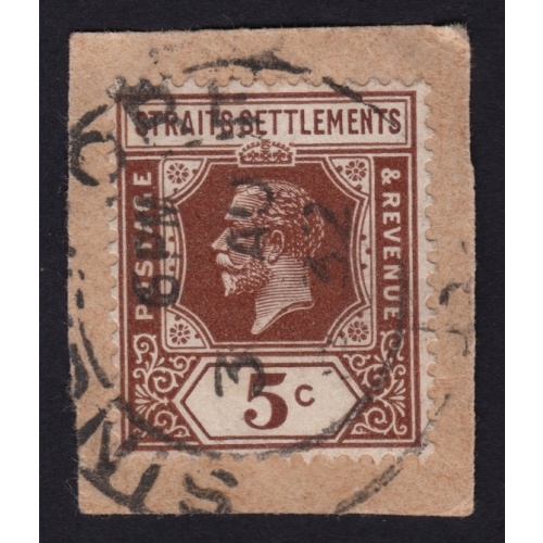 STRAITS SETTLEMENTS 1932 KG5 5c Sc#187 USED ON PIECE @BM228