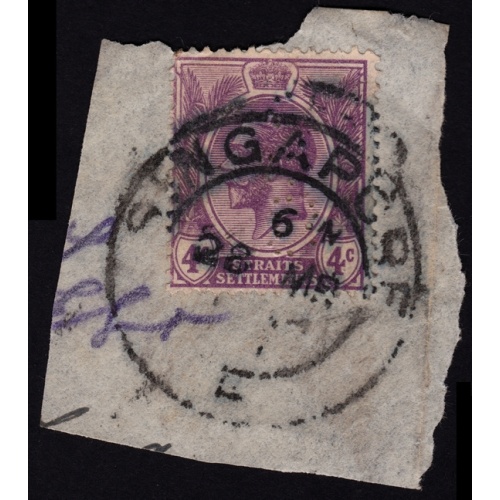 STRAITS SETTLEMENTS 1925 KG5 4c Sc#184 USED ON PIECE @BM231