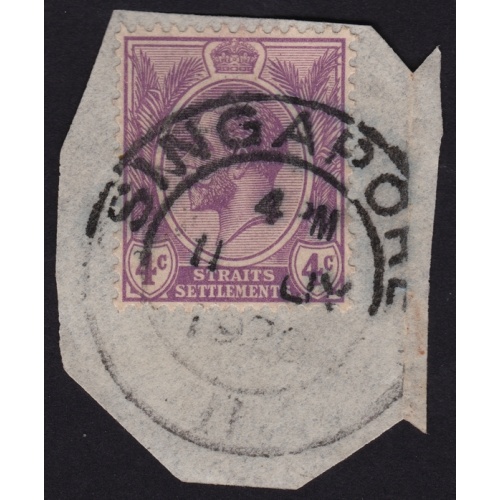 STRAITS SETTLEMENTS 1925 KG5 4c Sc#184 USED ON PIECE @BM233