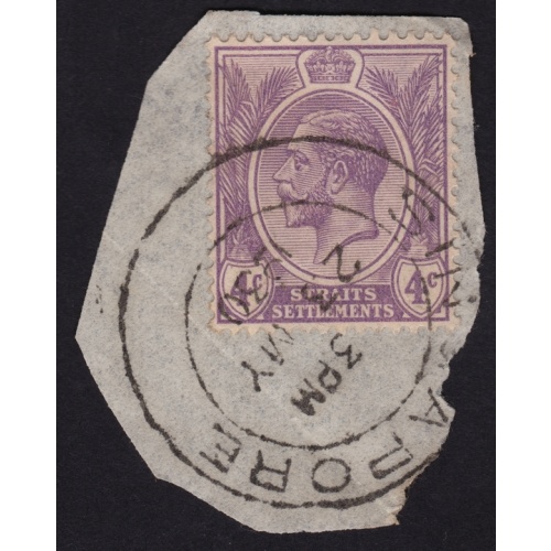 STRAITS SETTLEMENTS 1925 KG5 4c Sc#184 USED ON PIECE @BM236