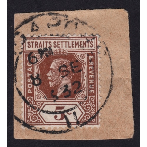 STRAITS SETTLEMENTS 1932 KG5 5c Sc#187 USED ON PIECE @BM238