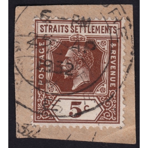 STRAITS SETTLEMENTS 1932 KG5 5c Sc#187 USED ON PIECE @BM239