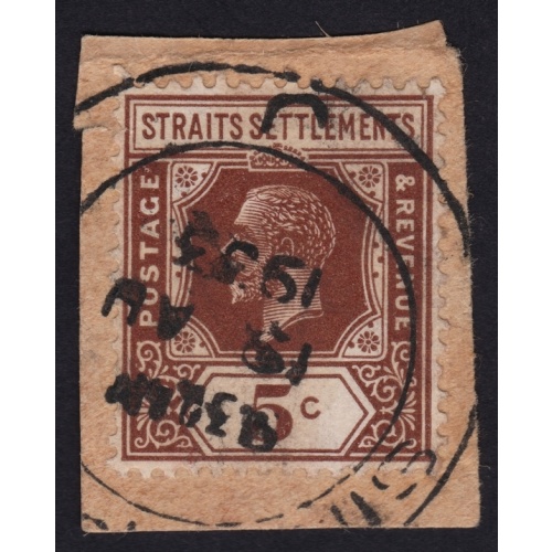STRAITS SETTLEMENTS 1932 KG5 5c Sc#187 USED ON PIECE @BM240