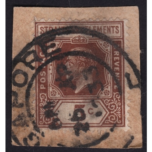 STRAITS SETTLEMENTS 1932 KG5 5c Sc#187 USED ON PIECE @BM241
