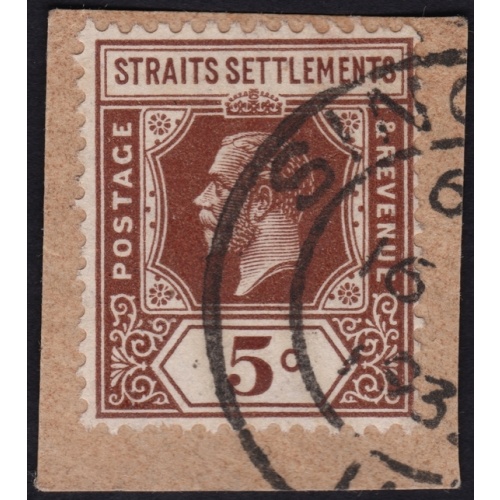 STRAITS SETTLEMENTS 1932 KG5 5c Sc#187 USED ON PIECE @BM242