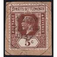STRAITS SETTLEMENTS 1932 KG5 5c Sc#187 USED ON PIECE @BM243