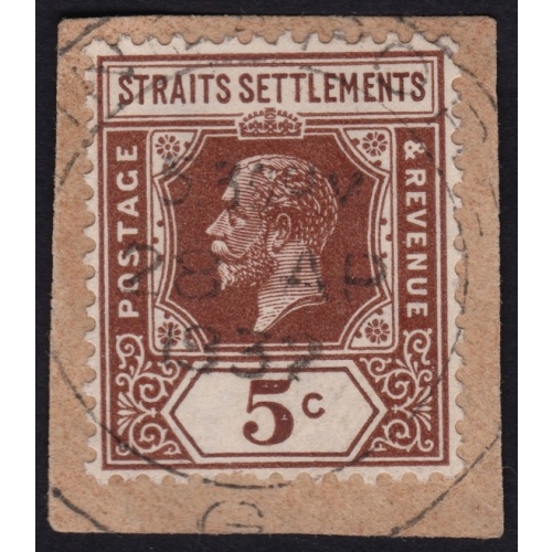 STRAITS SETTLEMENTS 1932 KG5 5c Sc#187 USED ON PIECE @BM243