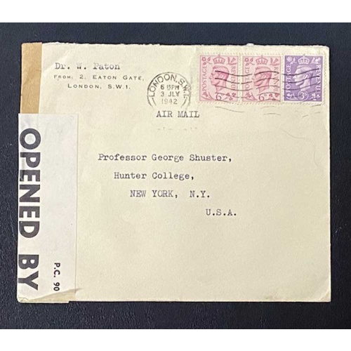 GB Postal History, Dr. W. Paton, London to Dr Shuster, NYC, 1942, censored