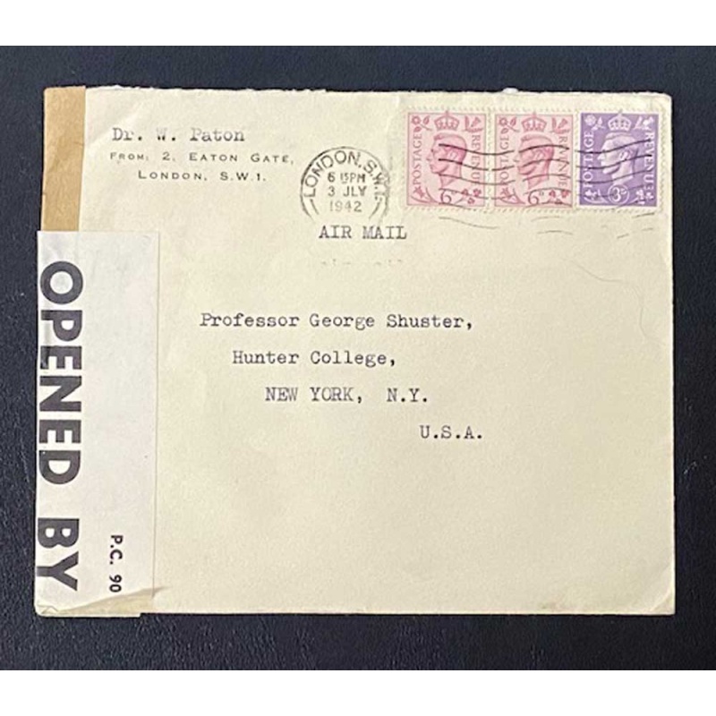 GB Postal History, Dr. W. Paton, London to Dr Shuster, NYC, 1942, censored