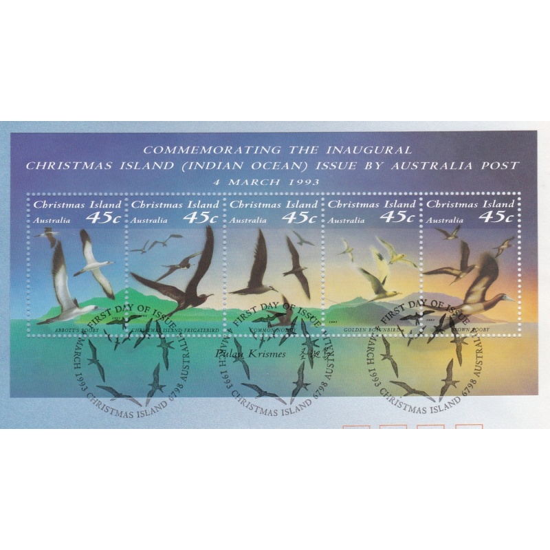 Christmas Island: 1993 Comm Inaugural Issue. Birds Mini Sheet FDC Ref: P0550