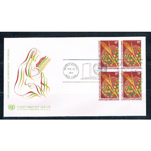 UN 218 FDC Blk 4 no selvage NY Wheat Geneva Cachet 1971 (UNCV0357)+