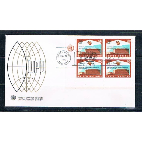 UN 219 FDC Blk 4 NY UPU Geneva Cachet 1971 (UNCV0355)+