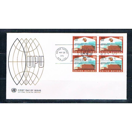 UN 219 FDC Blk 4 no selvage NY UPU Geneva Cachet 1971 (UNCV0354)+