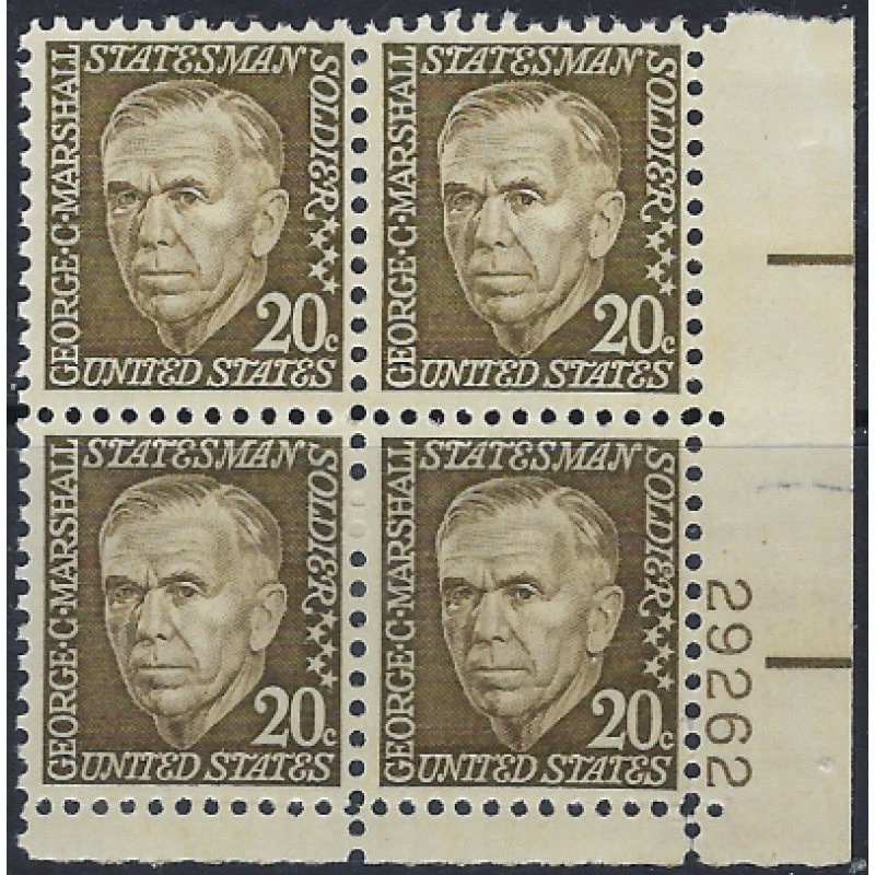 U.S. 1289 MNH Plate Block 1965 George Marshall (ad1933)