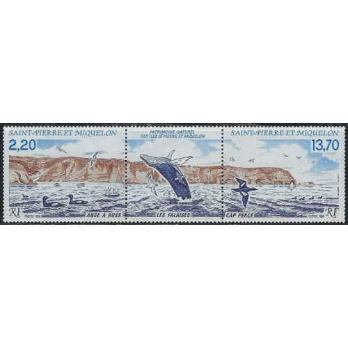 St Pierre and Miquelon 507a MH 1988 strip of 3; been folded (ha1147)