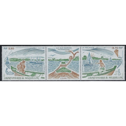 St Pierre and Miquelon 519a MH 1986 strip of 3; been folded (ha1148)