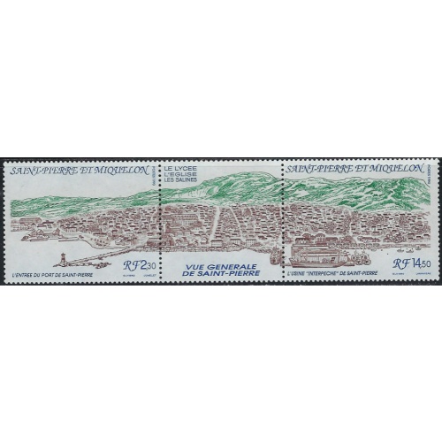 St Pierre and Miquelon 552a MH 1990 strip of 3; been folded (ha1149)