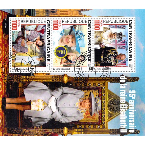Central Africa 2021 CTO Sheet  Queen Elizabeth II 95th Anniversary 3 value (TS0032)