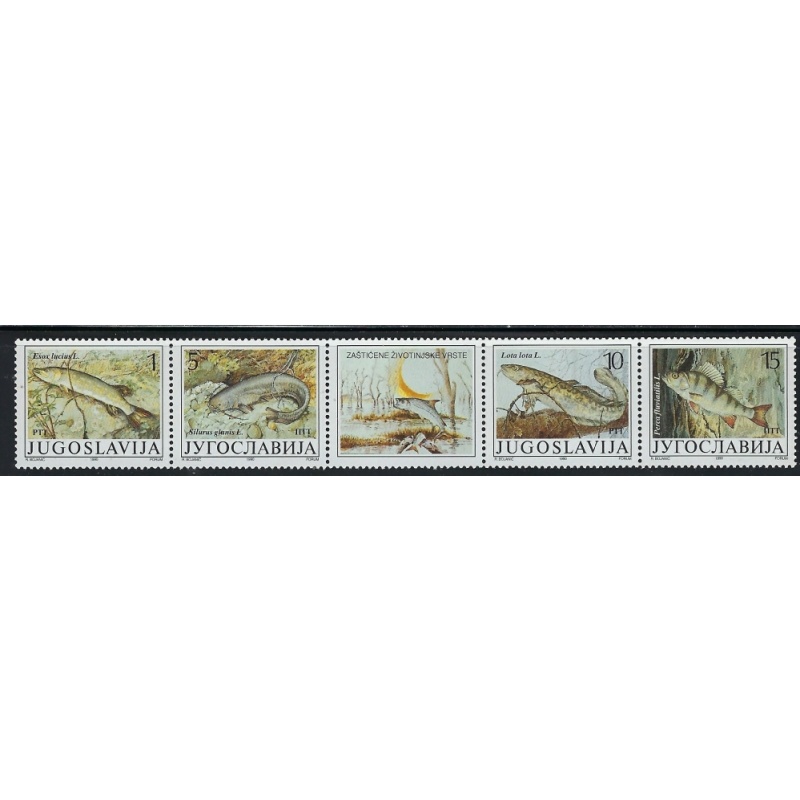 Yugoslavia 2035 MHH 1990 Protected Fish strip of 4 plus label; been folded (a...