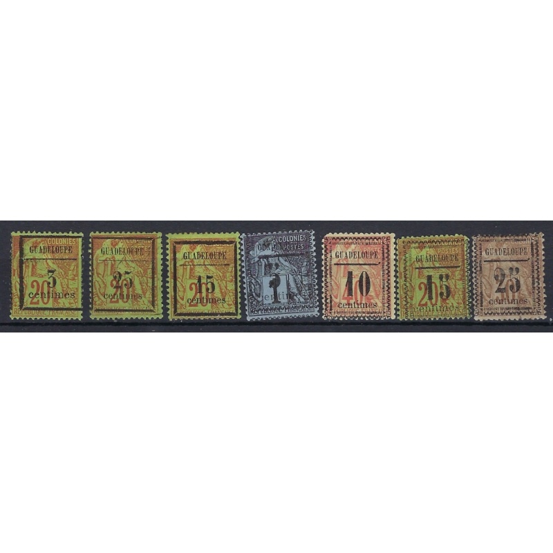 Guadeloupe 3-9 1889 overprints; 3-5 are unused No Gum; 6-9 are MNH (an8172)