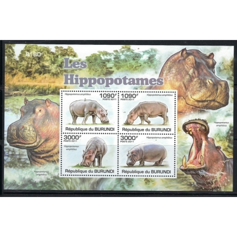 Burundi 826 MNH 2011 Hippos sheet of 4 (an1614)