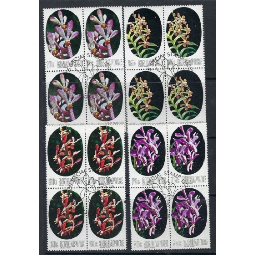 Singapore 247-50 Used Blocks of 4 1976 Orchids (ak1621)