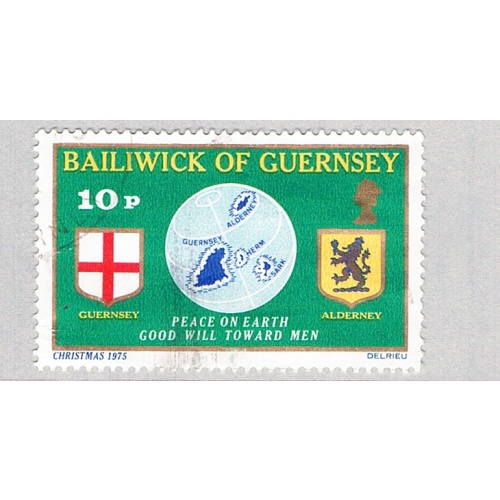 Guernsey 129 Used Guernsey Flag Globe and Alderney Shield 1975 (BP75917)