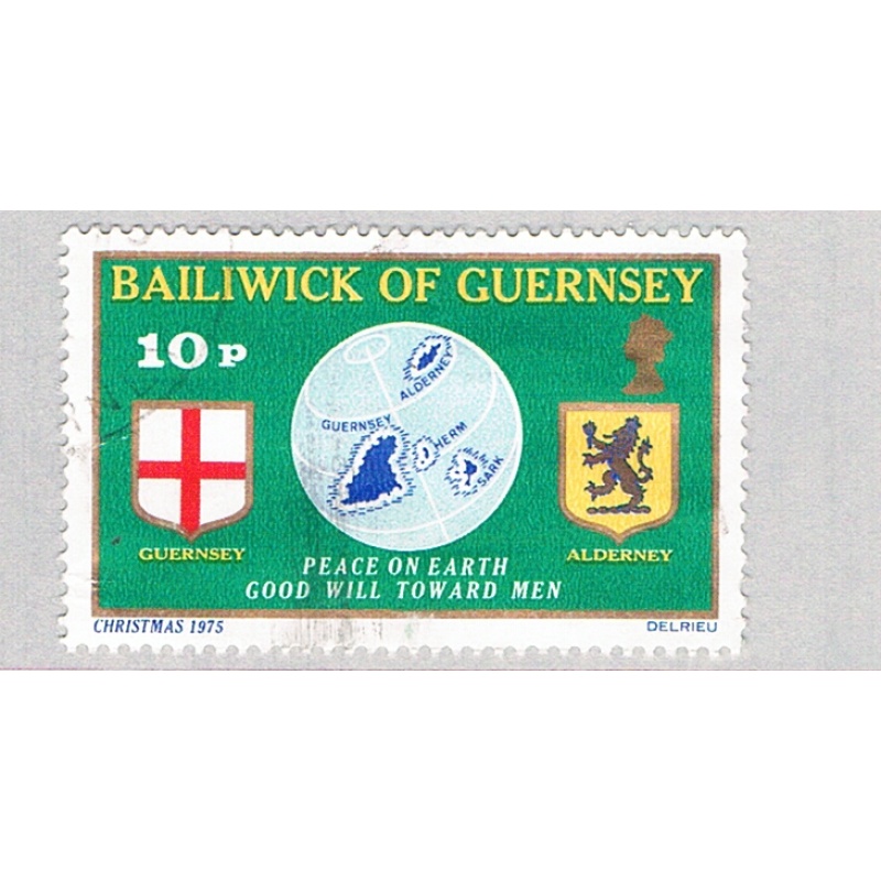 Guernsey 129 Used Guernsey Flag Globe and Alderney Shield 1975 (BP75917)