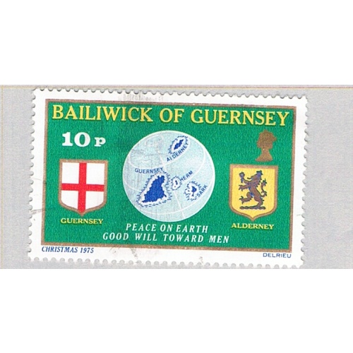 Guernsey 129 Used Guernsey Flag Globe and Alderney Shield 1 1975 (BP75918)