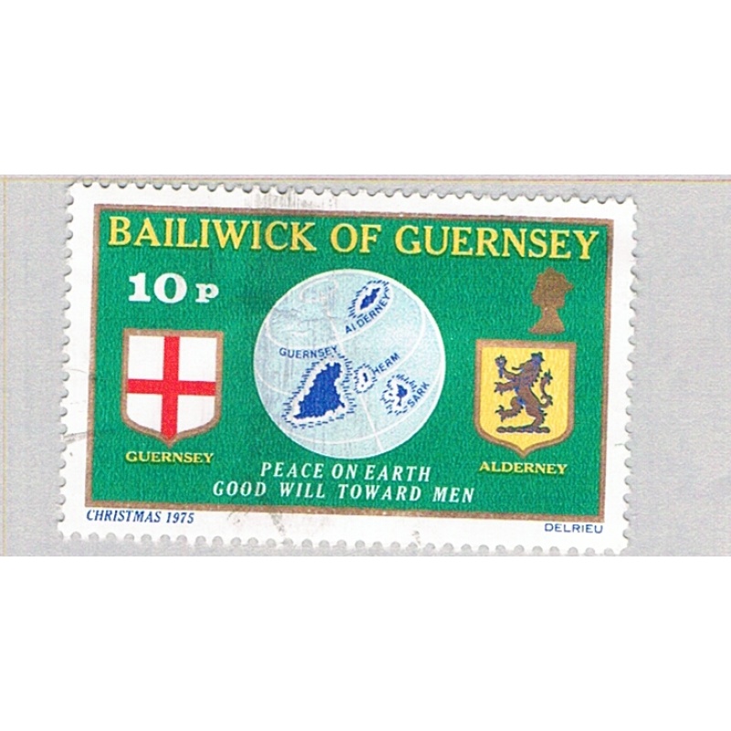 Guernsey 129 Used Guernsey Flag Globe and Alderney Shield 1 1975 (BP75918)