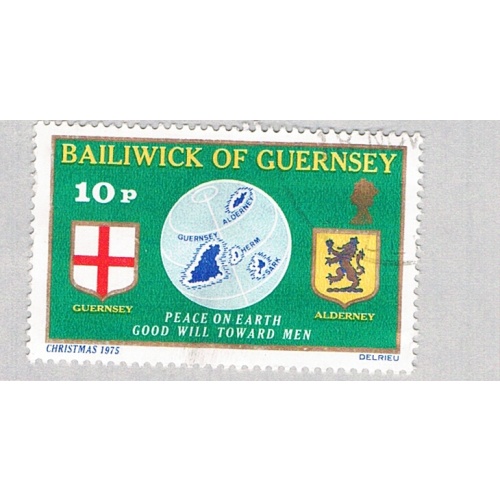 Guernsey 129 Used Guernsey Flag Globe and Alderney Shield 1975 (BP75920)