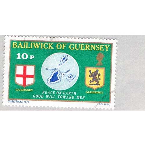 Guernsey 129 Used Guernsey Flag Globe and Alderney Shield 1 1975 (BP75921)