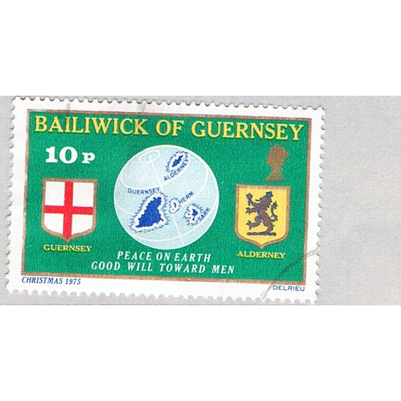 Guernsey 129 Used Guernsey Flag Globe and Alderney Shield 1 1975 (BP75921)