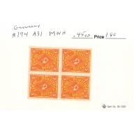 Germany 194 Unused blk 4 2  CV 1.80 (SC0_858)