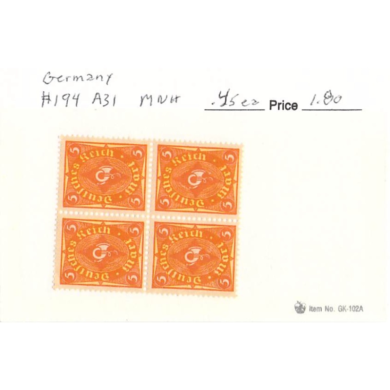 Germany 194 Unused blk 4 2  CV 1.80 (SC0_859)