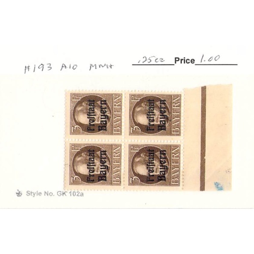 Germany Bavaria 193 Unused blk of 4  CV 1.00 (SC0_863)