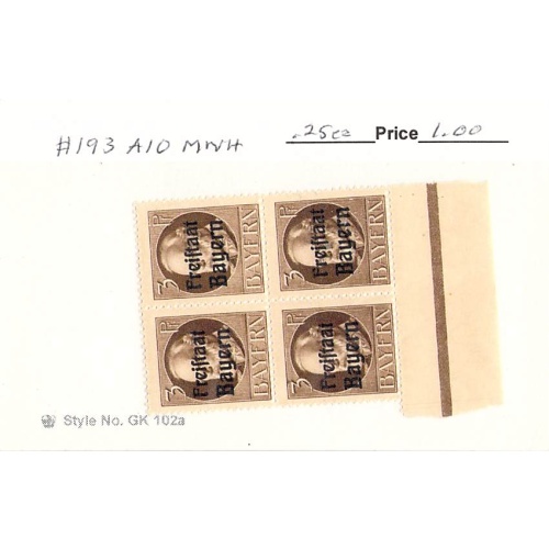 Germany Bavaria 193 Unused blk of 4  CV 1.00 (SC0_866)