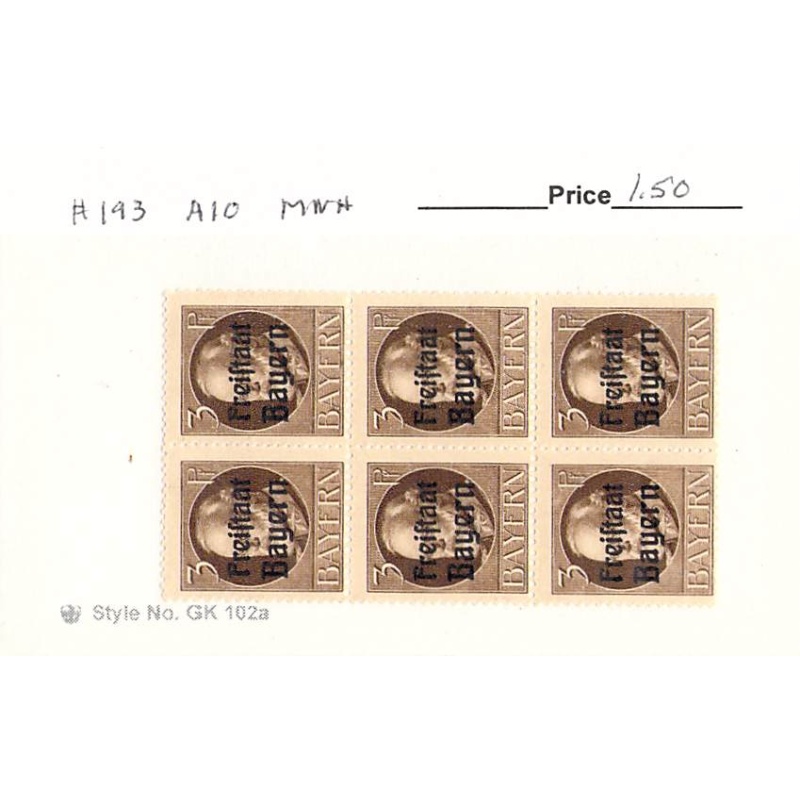 Germany Bavaria 193 Unused blk of 6  CV 1.50 (SC0_871)