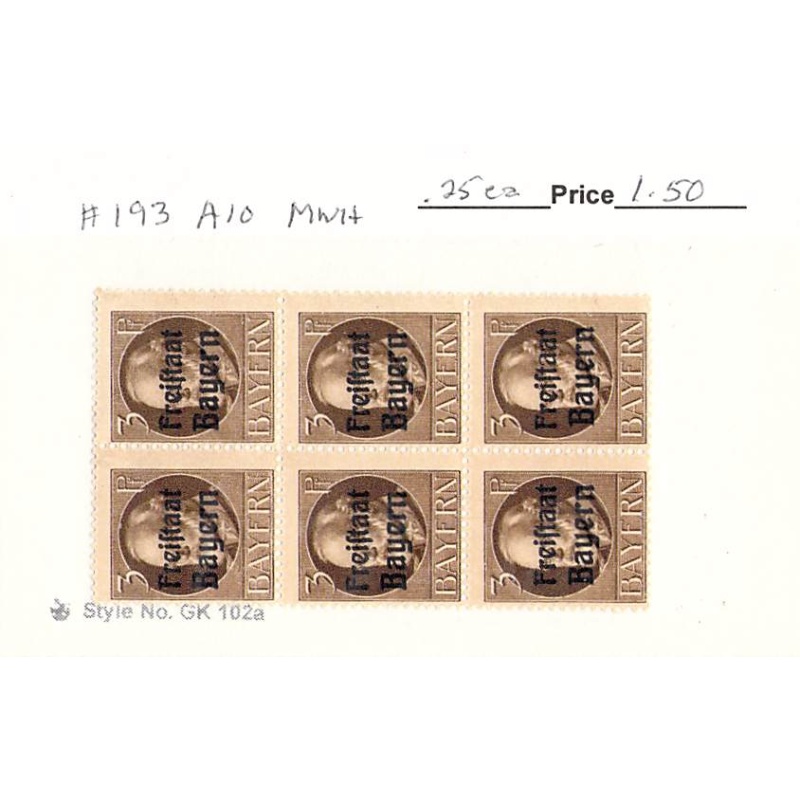 Germany Bavaria 193 Unused blk of 6  CV 1.50 (SC0_874)