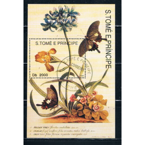 St Thomas and Prince Islands 1104 Souvenir Sheet Used Butterflies Cat Val 18.00 (S0153)+